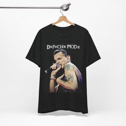 A black graphic t-shirt featuring a graphic of Dave Gahan from Depeche Mode, emphasizing his dynamic stage presence.