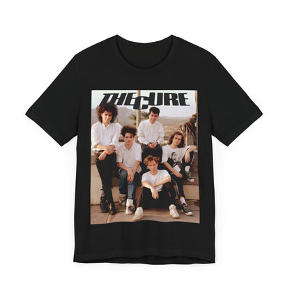 A black graphic t-shirt featuring a vintage graphic of The Cure with a dark romanticism theme.