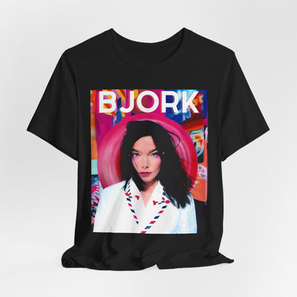 A black graphic t-shirt featuring an artistic or aesthetic pop art graphic of Bjork, with vibrant colors or bold lines.