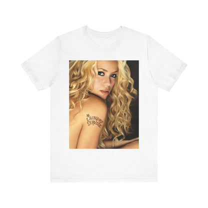 A black graphic t-shirt featuring a glamorous portrait graphic of Shakira.