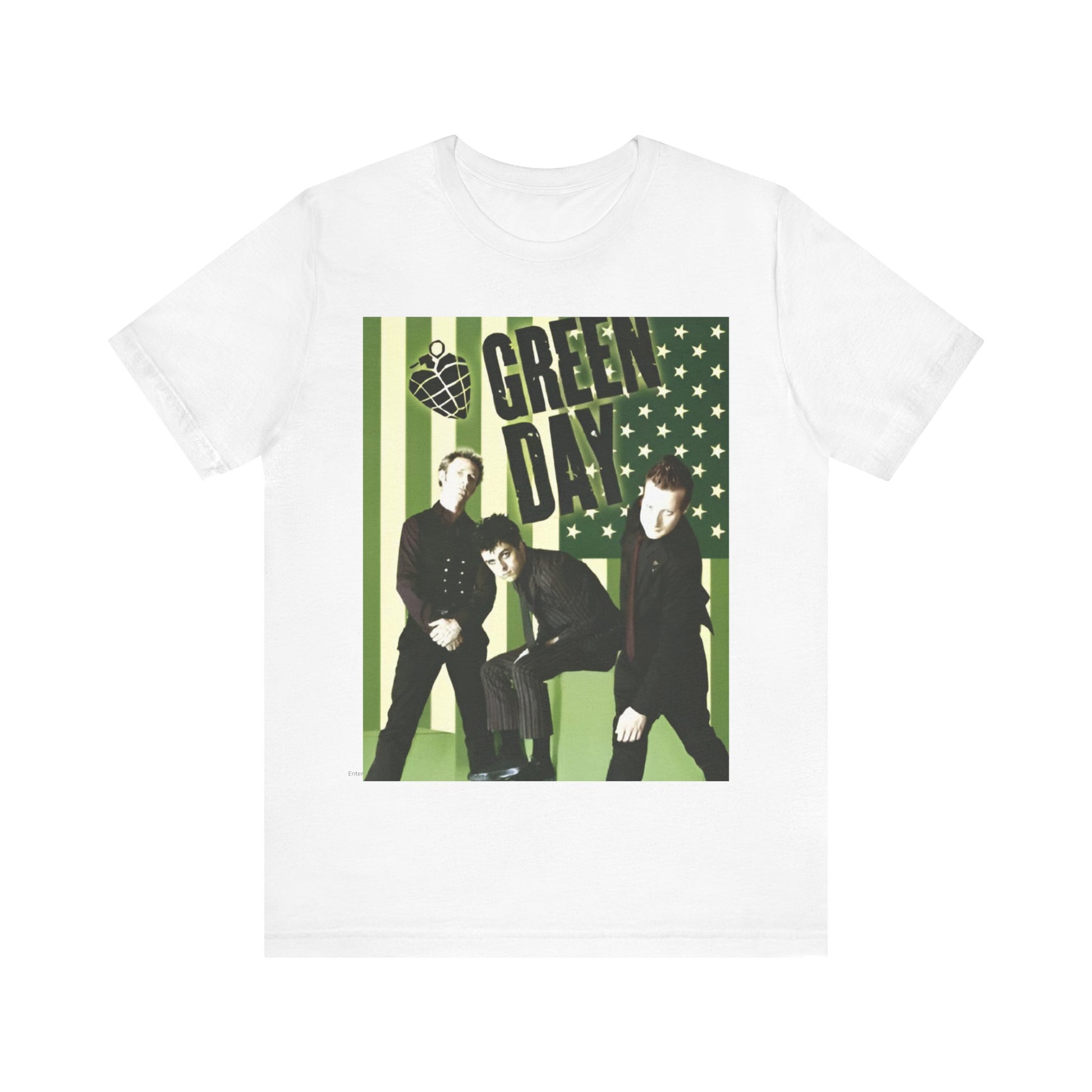 A black graphic t-shirt featuring a graphic related to Green Day's 'American Idiot' album era.