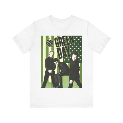 A black graphic t-shirt featuring a graphic related to Green Day's 'American Idiot' album era.