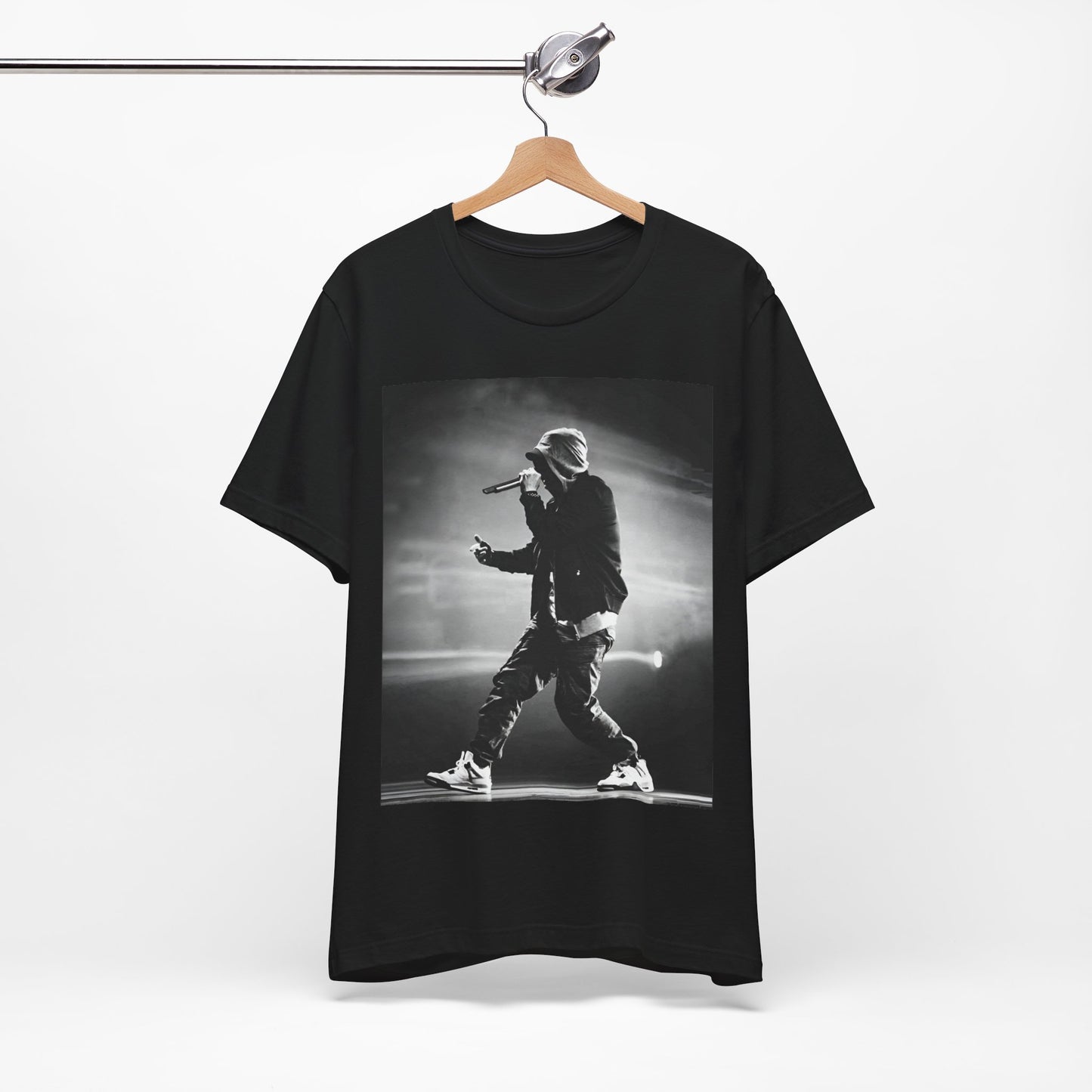 A black graphic t-shirt featuring a boxy hip hop aesthetic graphic of Eminem.