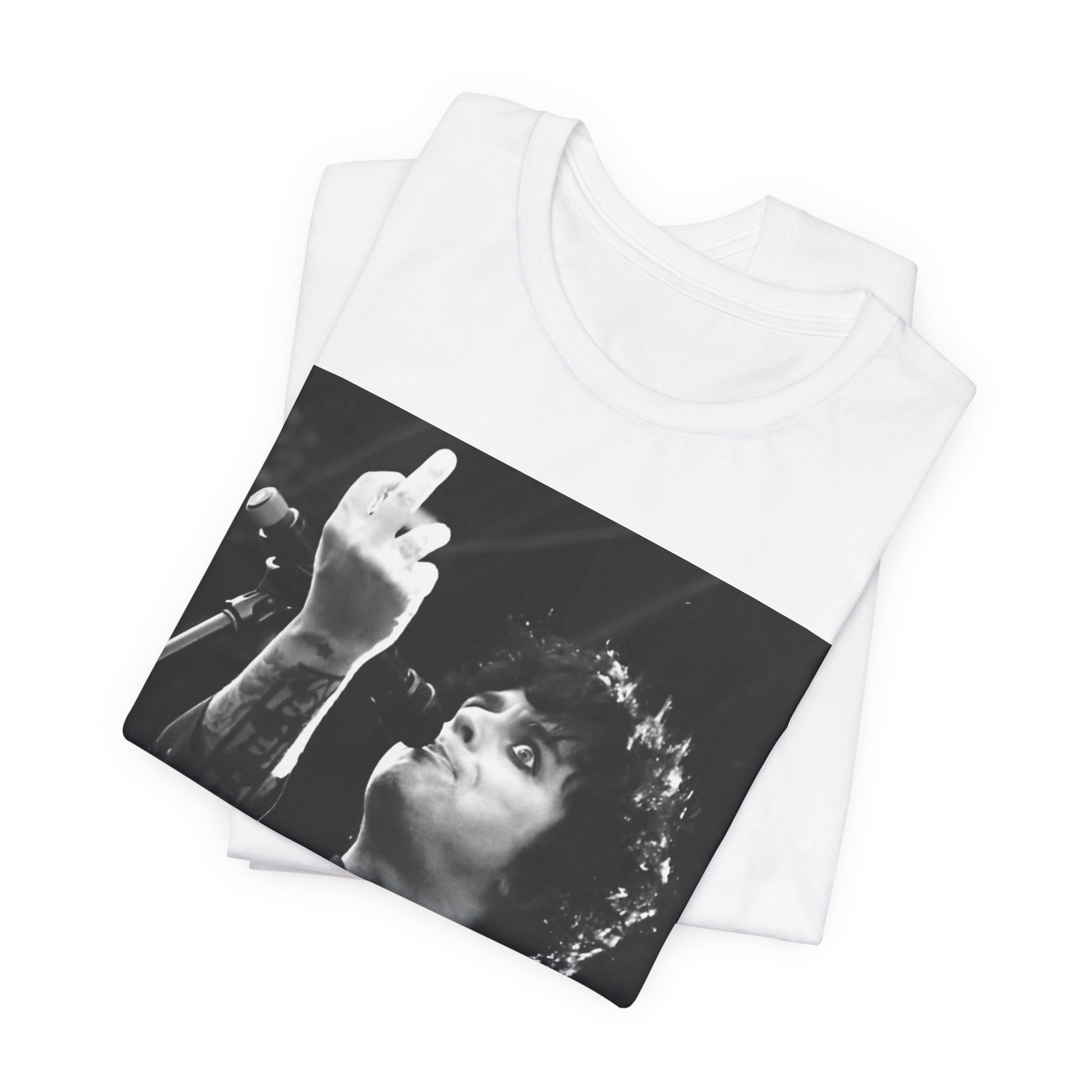A black graphic t-shirt featuring a graphic of Billie Joe Armstrong from Green Day giving the middle finger during a concert.