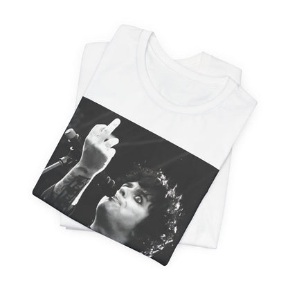 A black graphic t-shirt featuring a graphic of Billie Joe Armstrong from Green Day giving the middle finger during a concert.