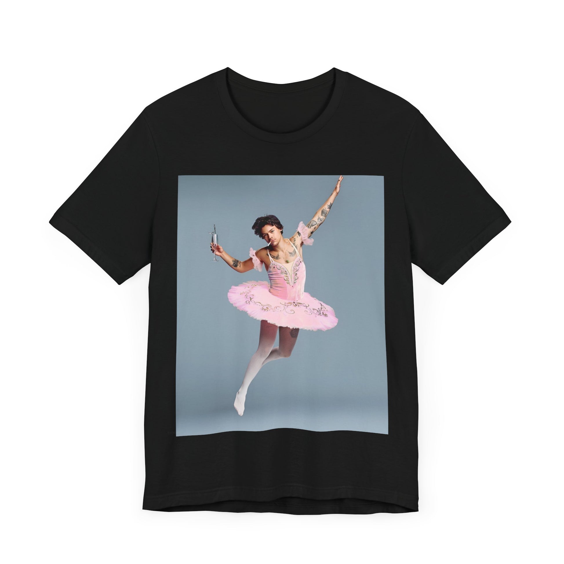 A black graphic t-shirt featuring a photo of Harry Styles in a ballet pose or setting.