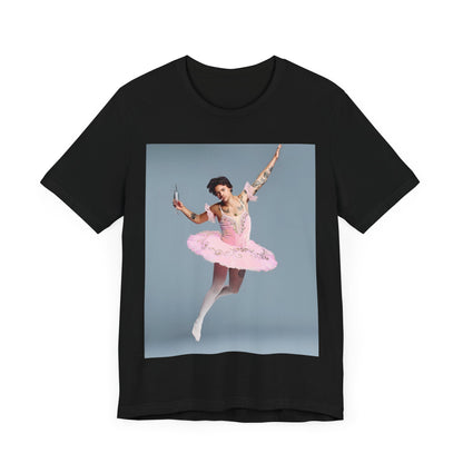 A black graphic t-shirt featuring a photo of Harry Styles in a ballet pose or setting.