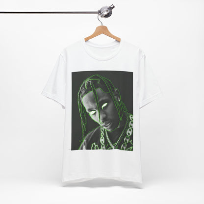 A black graphic t-shirt featuring a retro graphic related to Travis Scott's 'Sicko Mode' song or era.