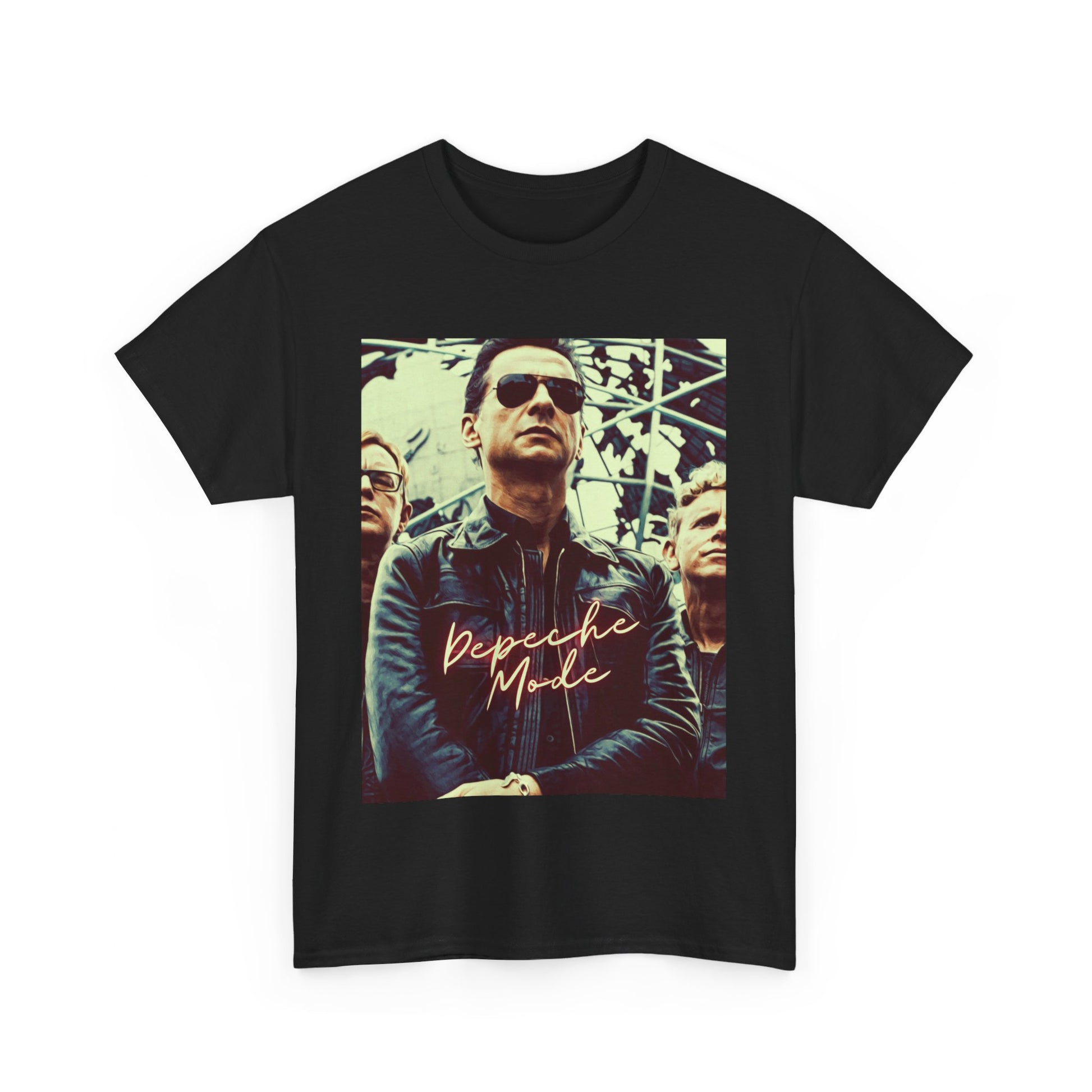 A black graphic t-shirt featuring a graphic of Depeche Mode as synth-pop pioneers.