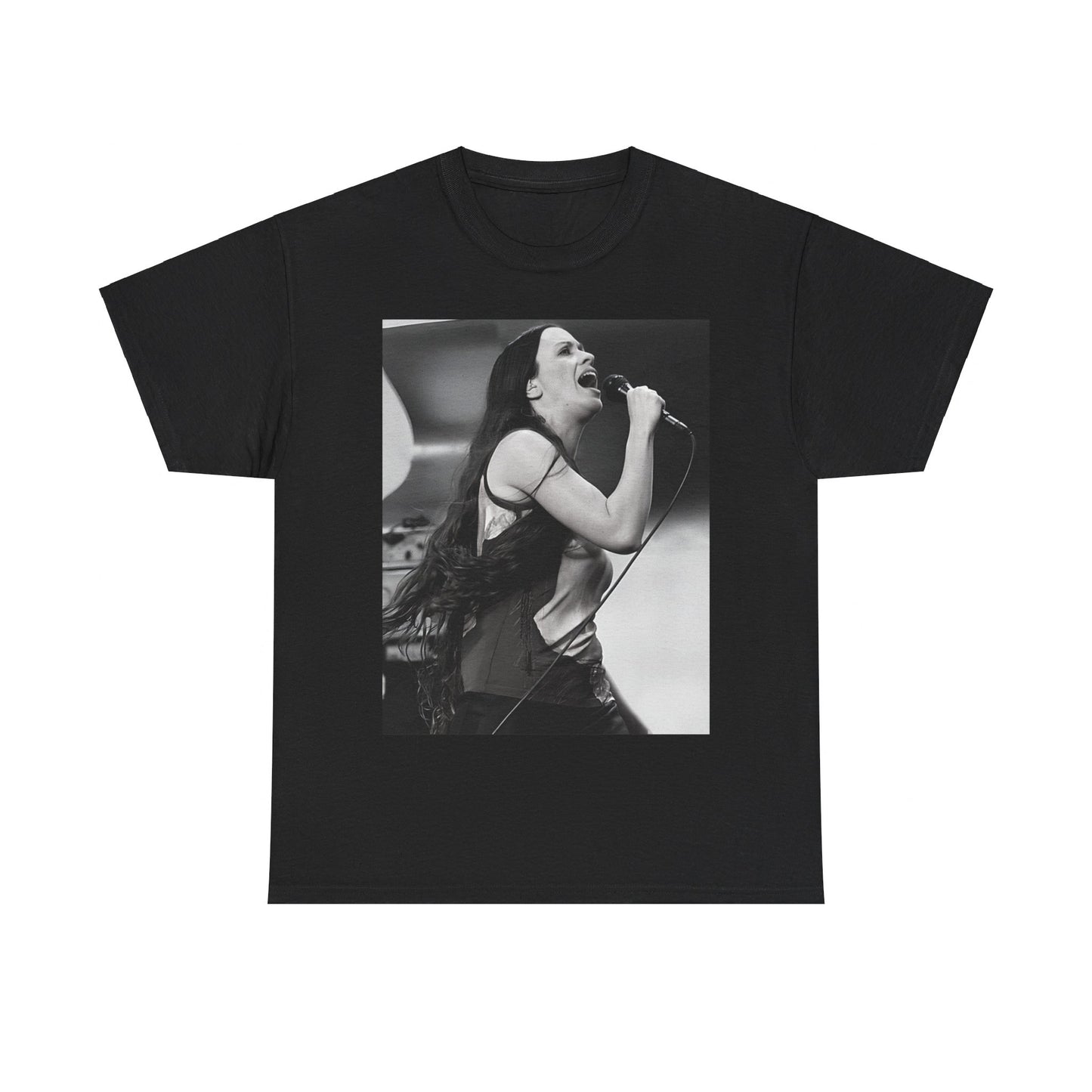 A black graphic t-shirt featuring a concert graphic for Alanis Morissette's 'Jagged Little Pill' Tour from 1995, with tour branding.