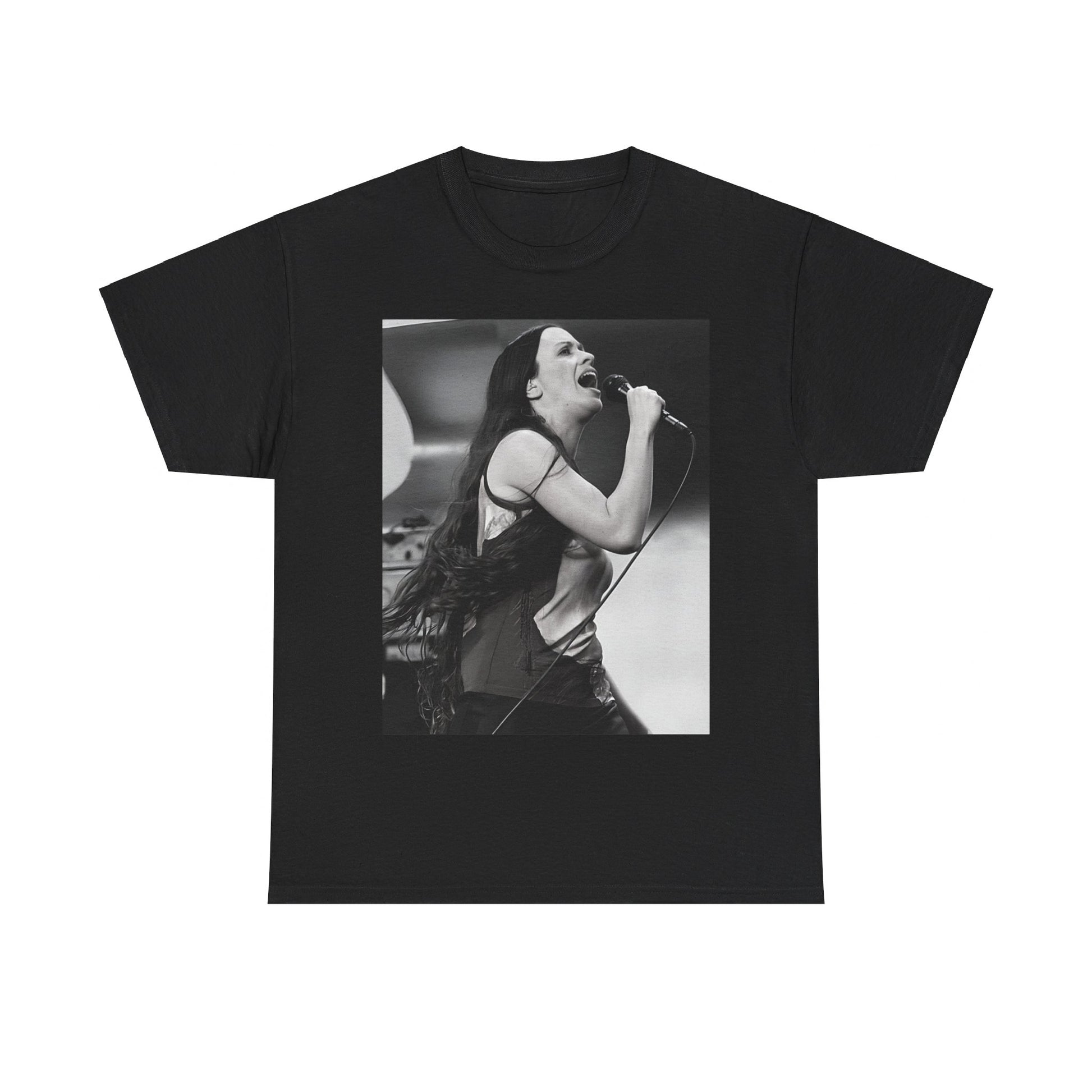 A black graphic t-shirt featuring a concert graphic for Alanis Morissette's 'Jagged Little Pill' Tour from 1995, with tour branding.
