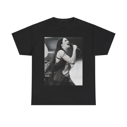 A black graphic t-shirt featuring a concert graphic for Alanis Morissette's 'Jagged Little Pill' Tour from 1995, with tour branding.