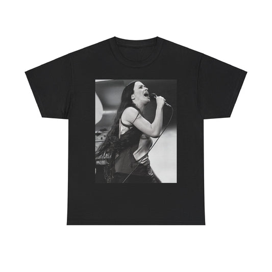 A black graphic t-shirt featuring a concert graphic for Alanis Morissette's 'Jagged Little Pill' Tour from 1995, with tour branding.
