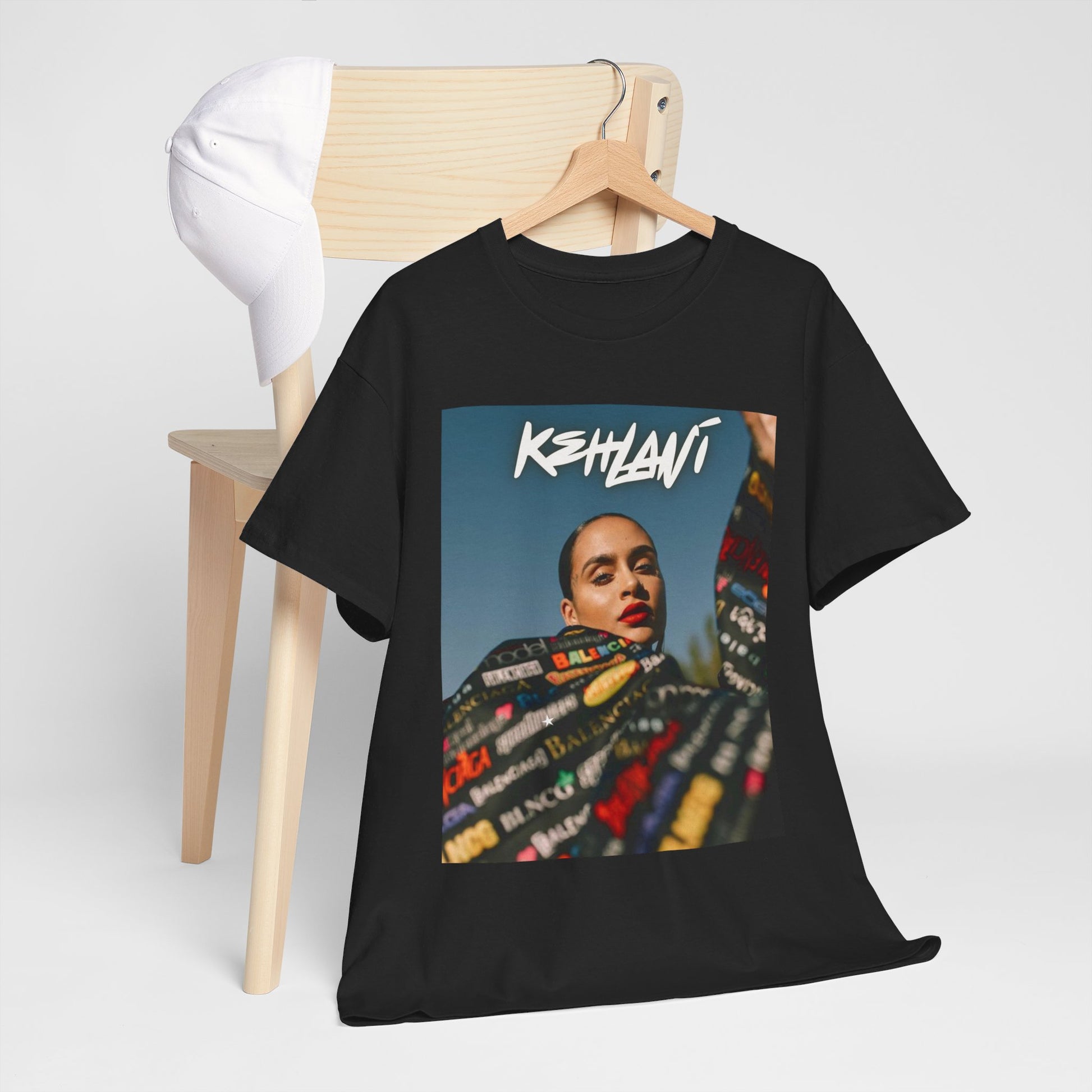 A black graphic t-shirt featuring a retro aesthetic graphic of Kehlani.