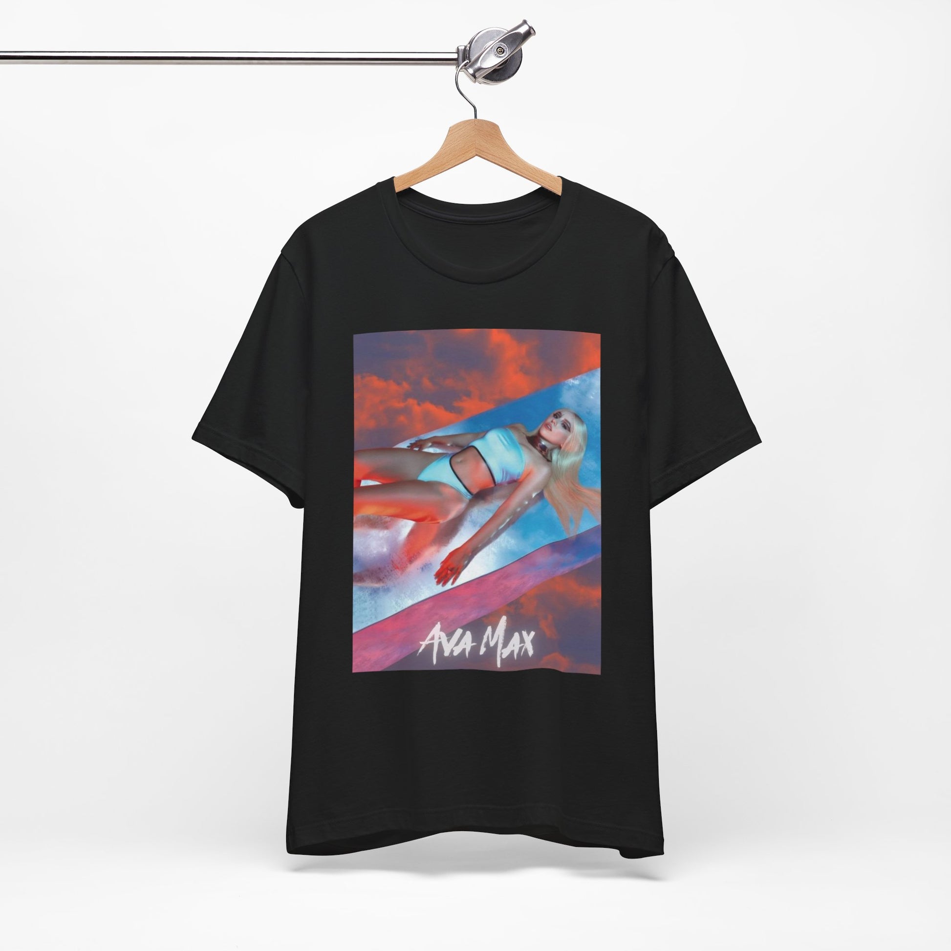 A black graphic t-shirt featuring a neon pop art style graphic of Ava Max, with bright, glowing colors.