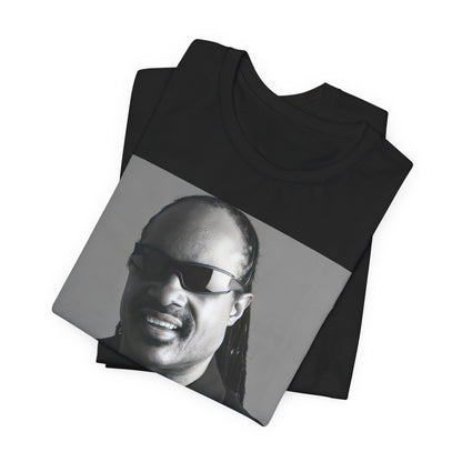 A black graphic t-shirt featuring a classic Motown legend black and white graphic of Stevie Wonder.