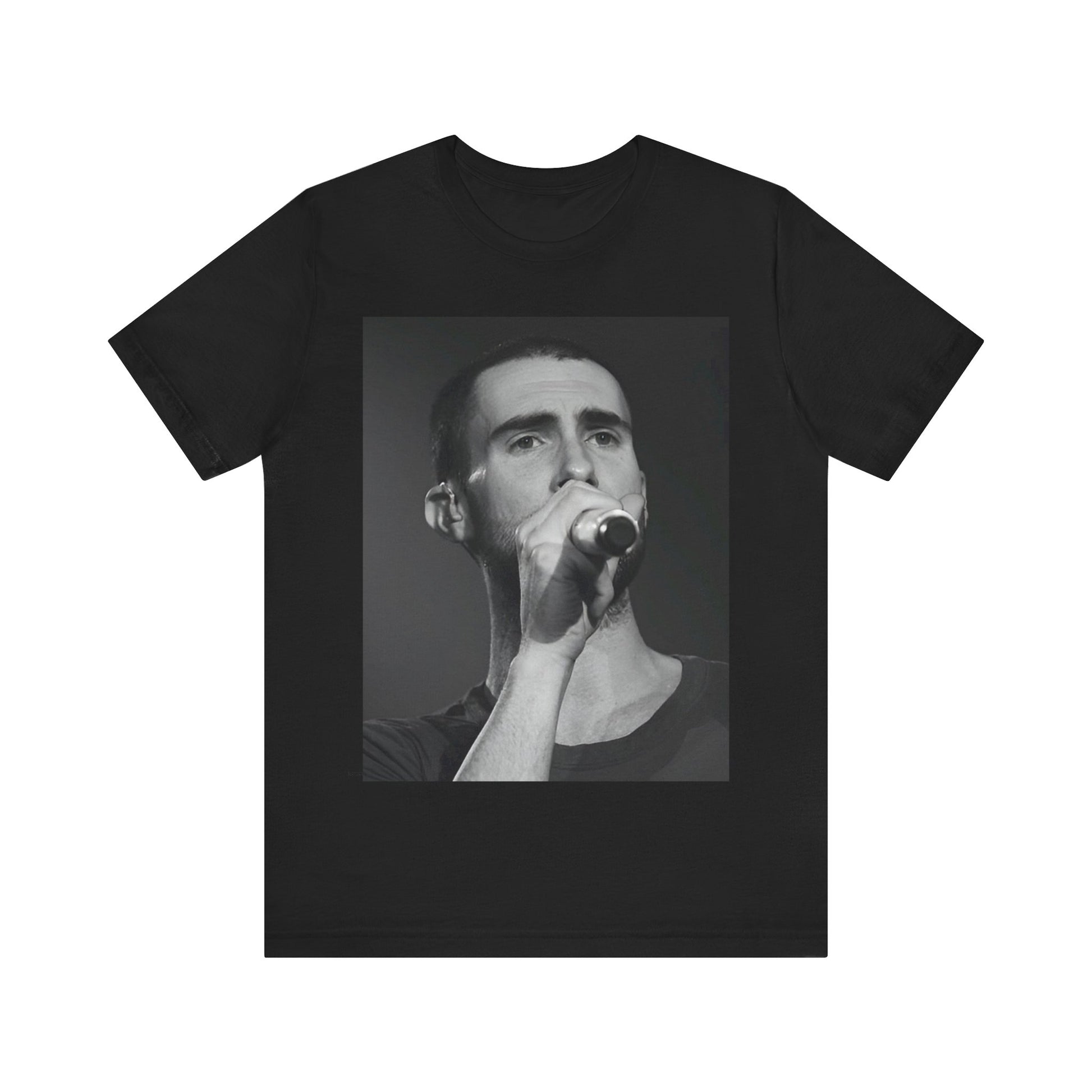 A rare, vintage black and white photo of a very young Maroon 5, from their early garage band days, printed on a t-shirt.