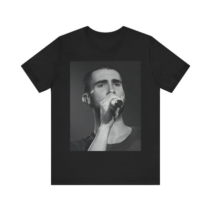 A rare, vintage black and white photo of a very young Maroon 5, from their early garage band days, printed on a t-shirt.