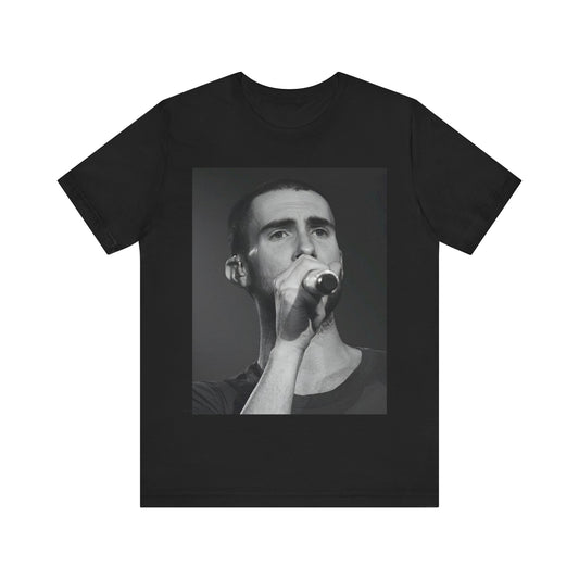 A rare, vintage black and white photo of a very young Maroon 5, from their early garage band days, printed on a t-shirt.