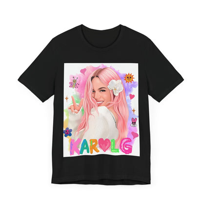 A black graphic t-shirt featuring a vintage graphic of Karol G, emphasizing her 'Bichota' persona.