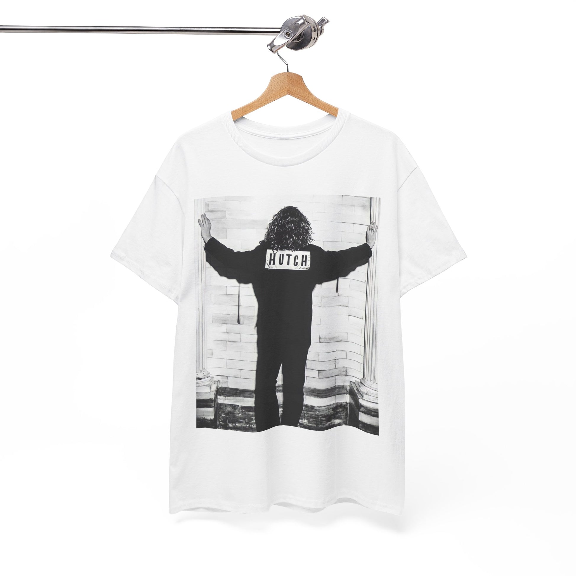 A black graphic t-shirt featuring a graphic of Michael Hutchence from INXS, labeled 'Hutch'.