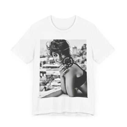 A black graphic t-shirt featuring a black and white photo or graphic of Camila Cabello in an iconic style.