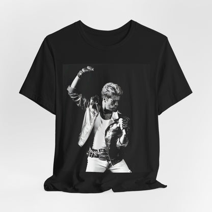 A black graphic t-shirt featuring an iconic black and white portrait photo of George Michael.