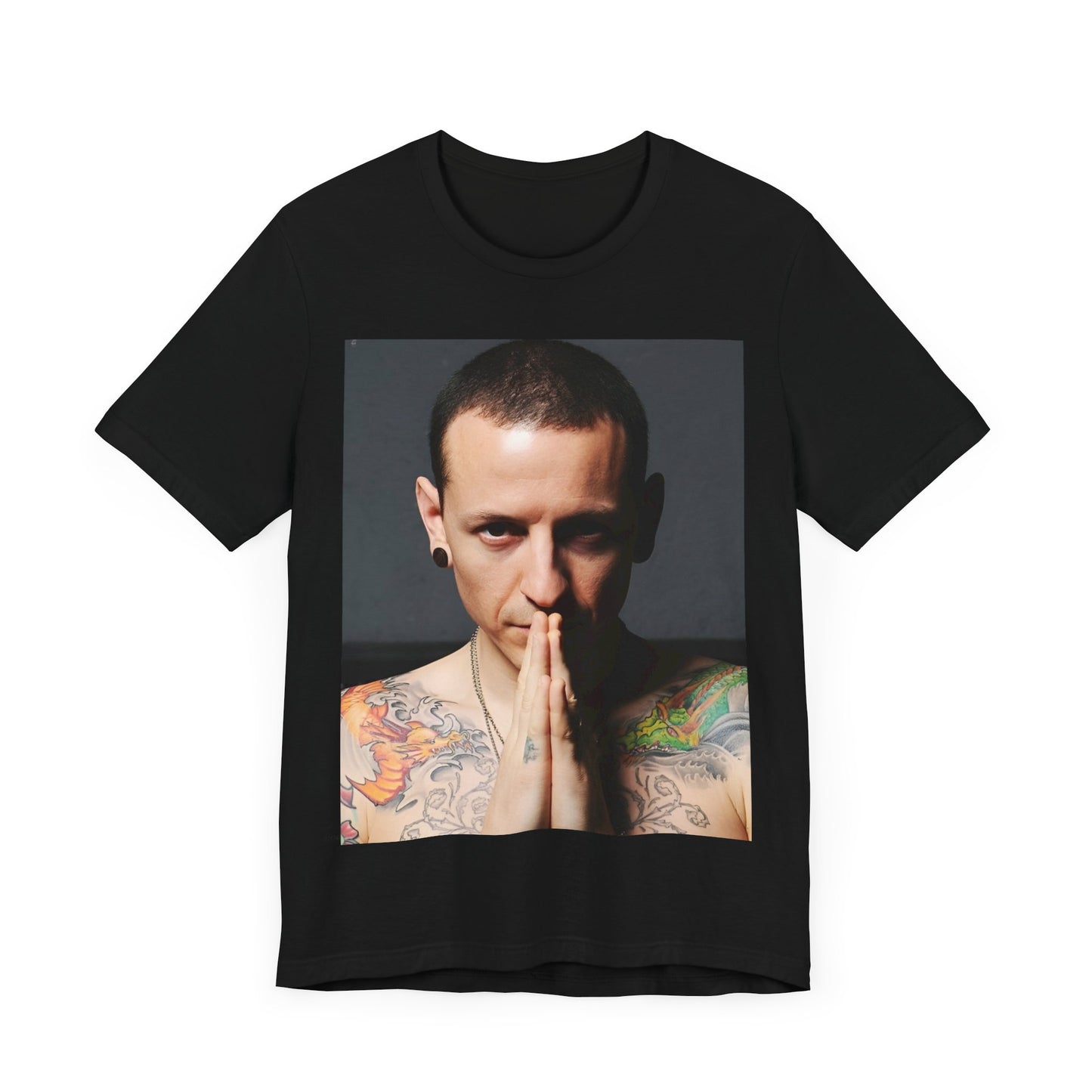 A black graphic t-shirt featuring a retro photo portrait of Chester Bennington from Linkin Park.