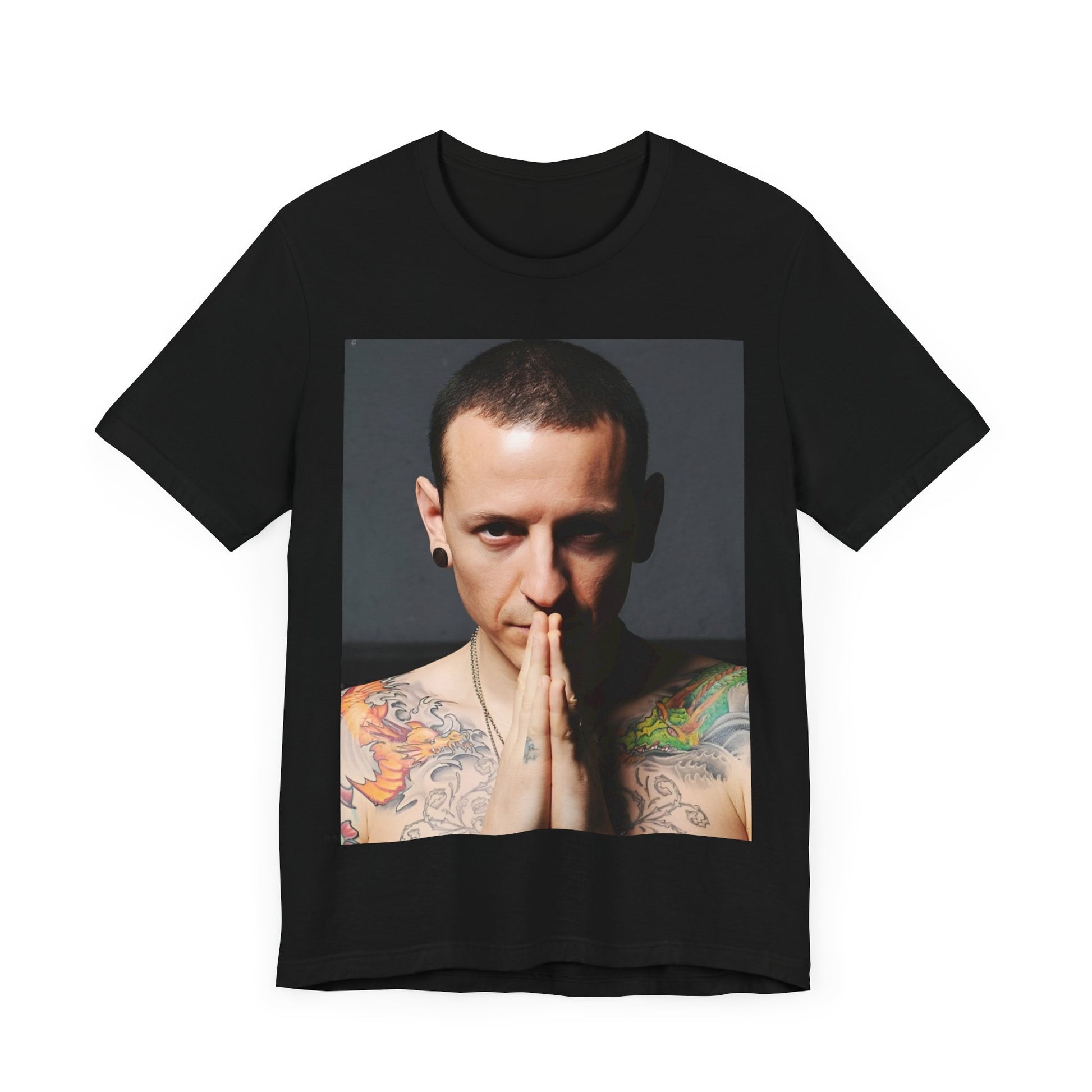 A black graphic t-shirt featuring a retro photo portrait of Chester Bennington from Linkin Park.