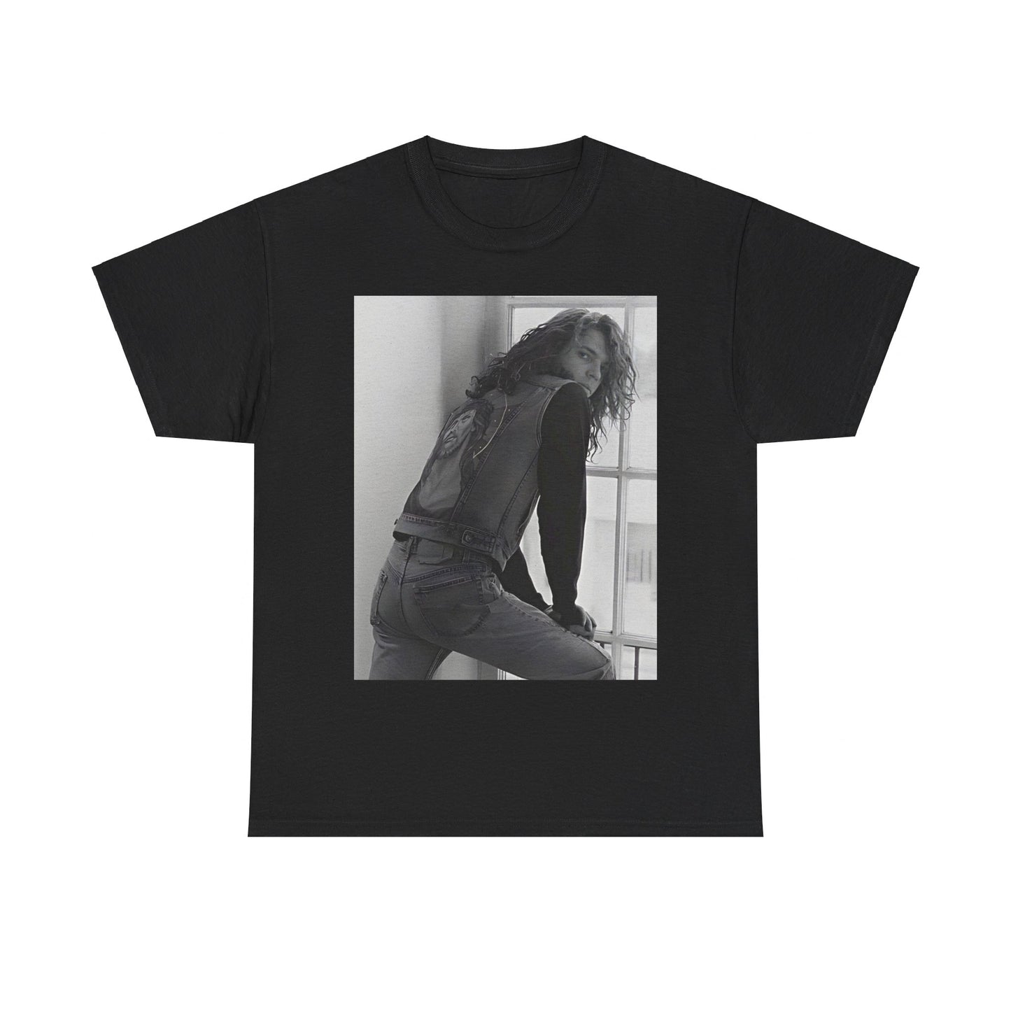 A black graphic t-shirt featuring a 90s black and white photo portrait of Michael Hutchence from INXS.