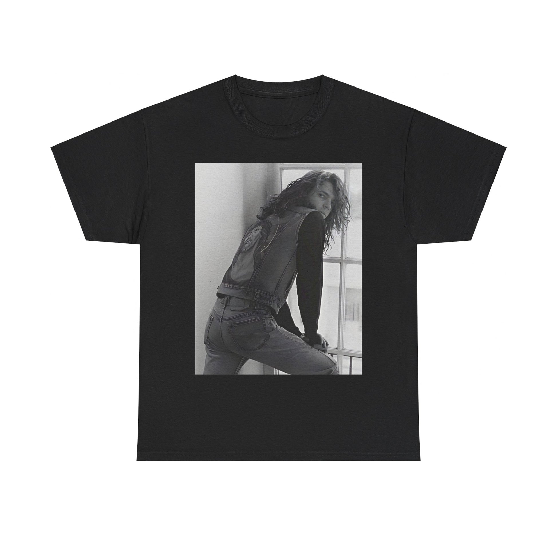 A black graphic t-shirt featuring a 90s black and white photo portrait of Michael Hutchence from INXS.