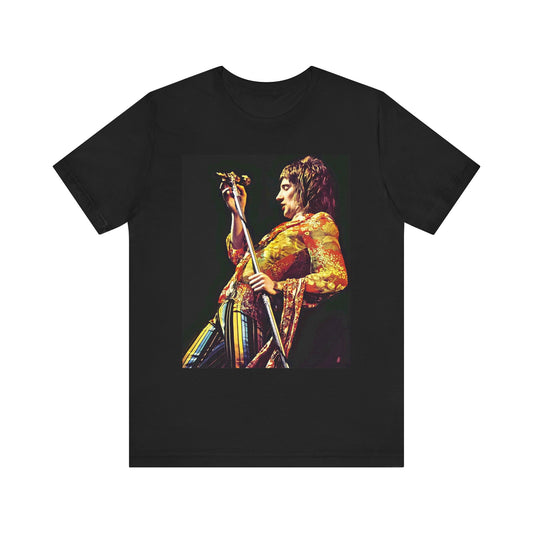 A black graphic t-shirt featuring a fierce graphic of Rod Stewart performing on stage from the 70s.