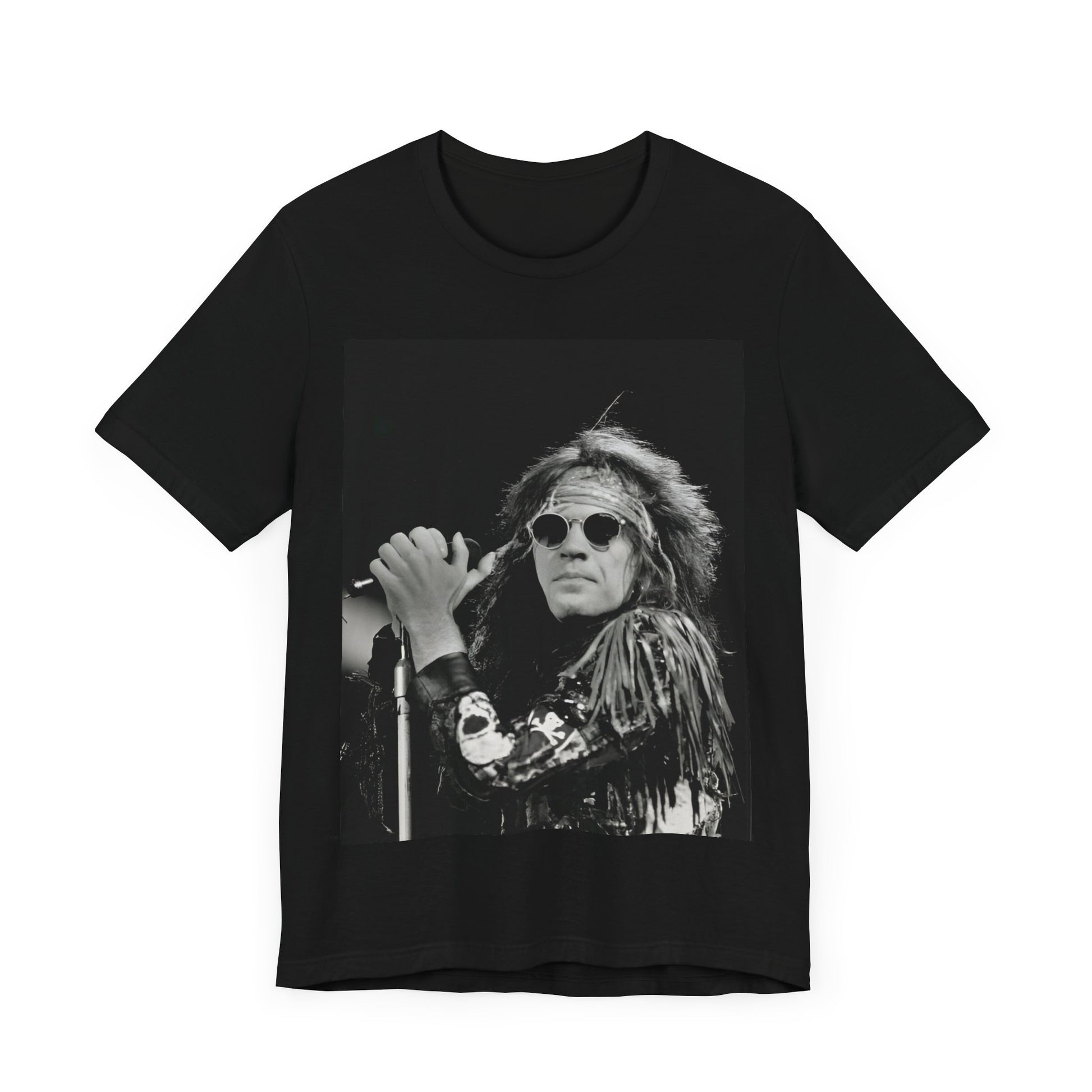A black graphic t-shirt featuring a vintage graphic related to Bon Jovi's '94 era or "Glory Days".