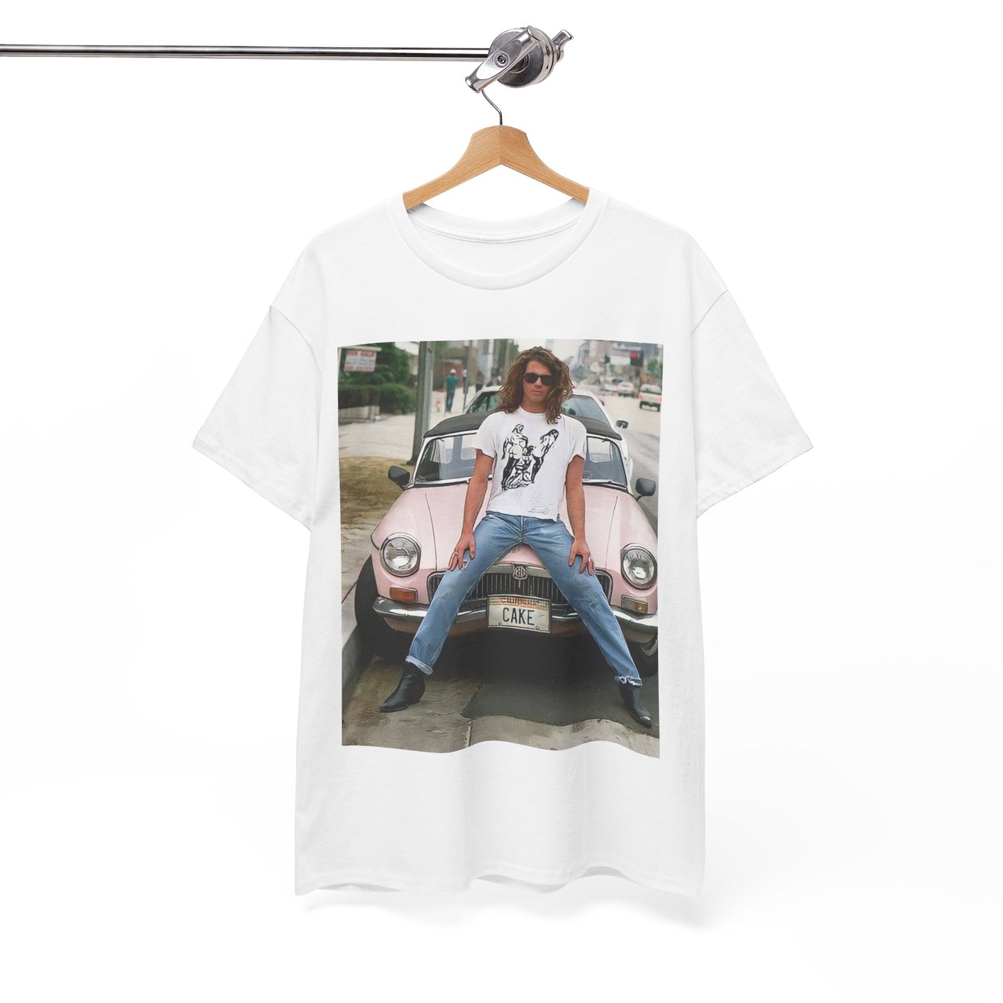 A black graphic t-shirt featuring a vintage photo of INXS band members with a classic car.