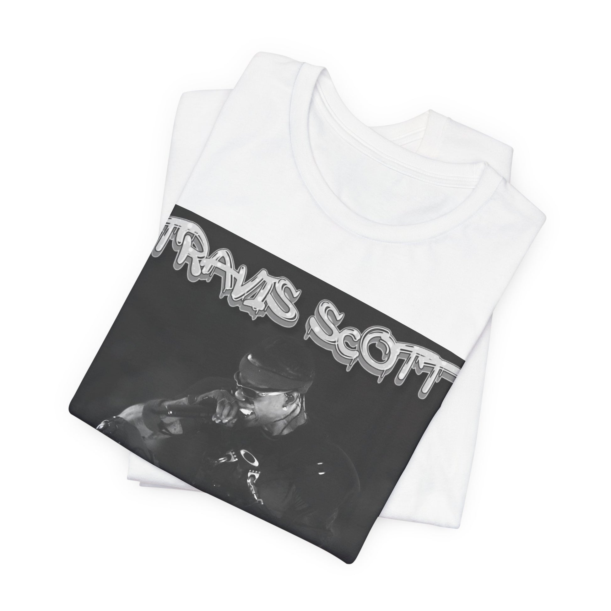 A black graphic t-shirt featuring a casual rap fan graphic of Travis Scott.