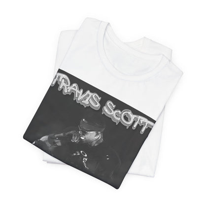 A black graphic t-shirt featuring a casual rap fan graphic of Travis Scott.