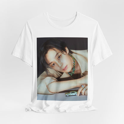 A black graphic t-shirt featuring a retro graphic related to Jimin's 'Filter' era.