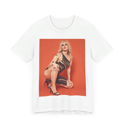 A black graphic t-shirt featuring a casual pop fan graphic of Miley Cyrus.