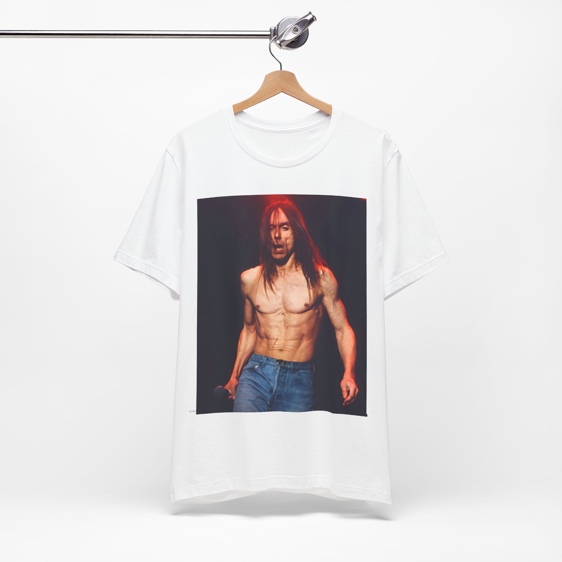 A black graphic t-shirt featuring a graphic related to Iggy Pop's 'Raw Power' era.