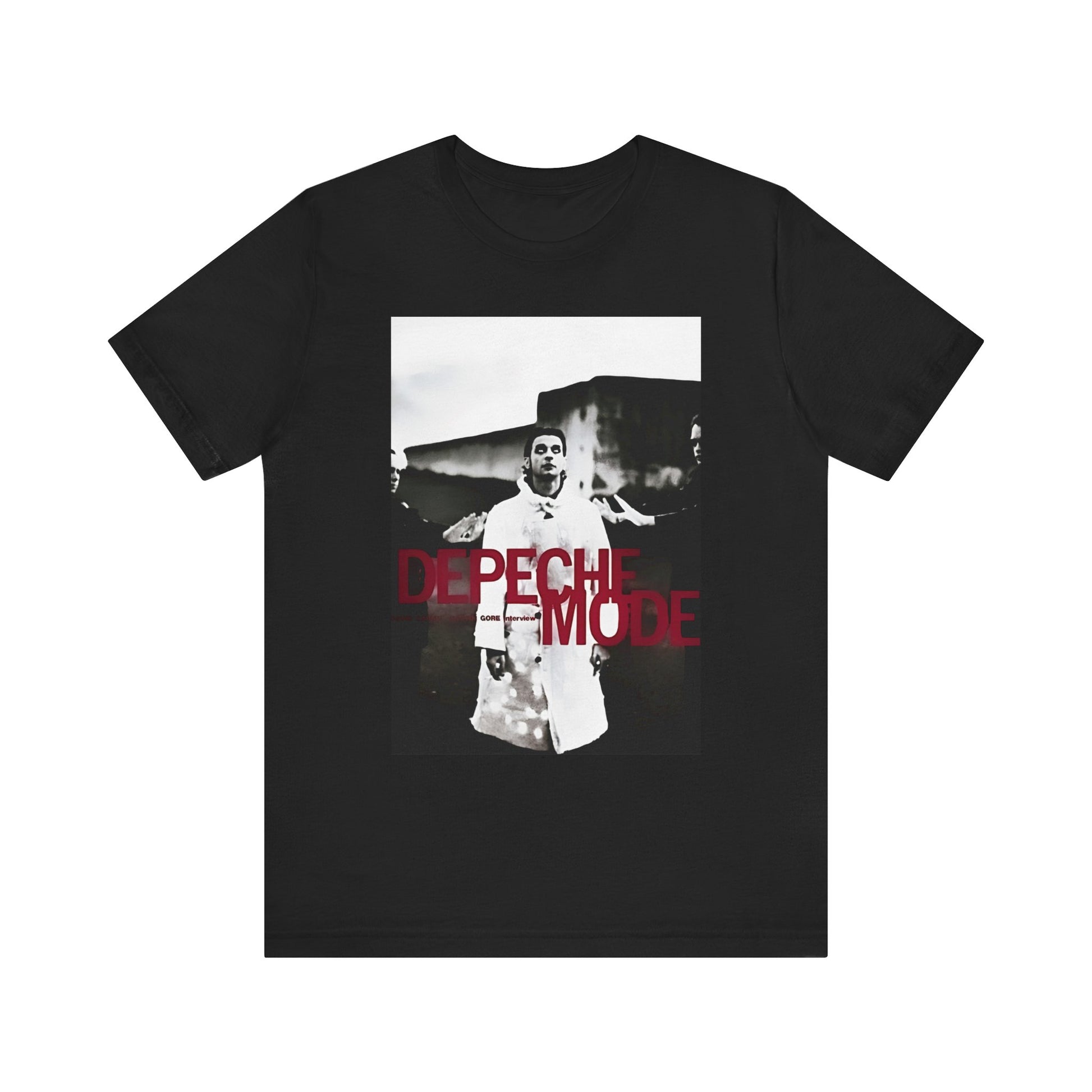 A black graphic t-shirt featuring a graphic related to Depeche Mode's 'Policy of Truth' song or era.