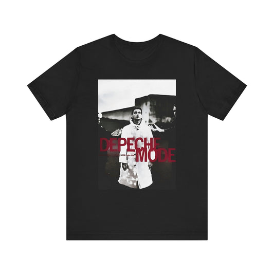 A black graphic t-shirt featuring a graphic related to Depeche Mode's 'Policy of Truth' song or era.