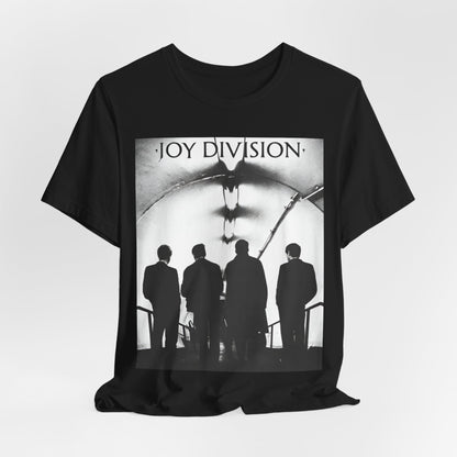 A black graphic t-shirt featuring a vintage post-punk graphic of Joy Division.
