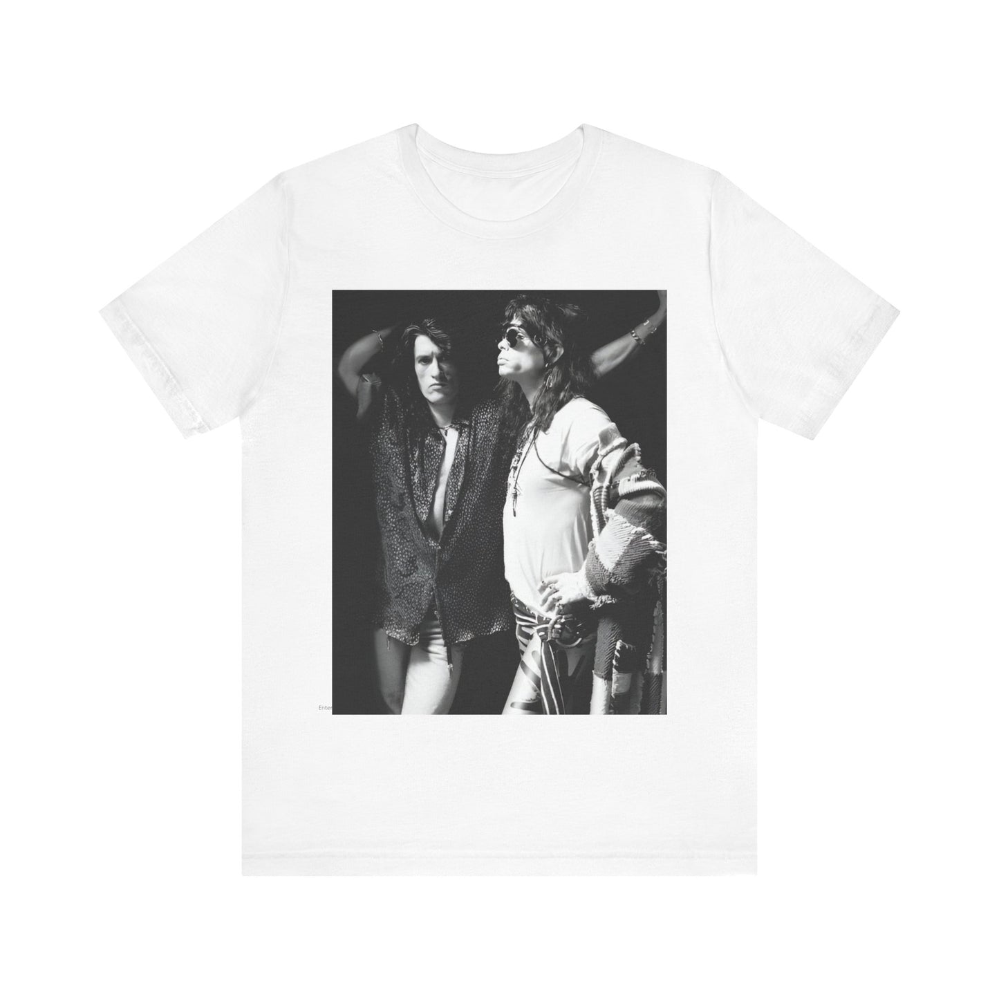 A black graphic t-shirt featuring a dynamic photo or illustration of Aerosmith's Steven Tyler and Joe Perry performing together on stage, highlighting their synergy.
