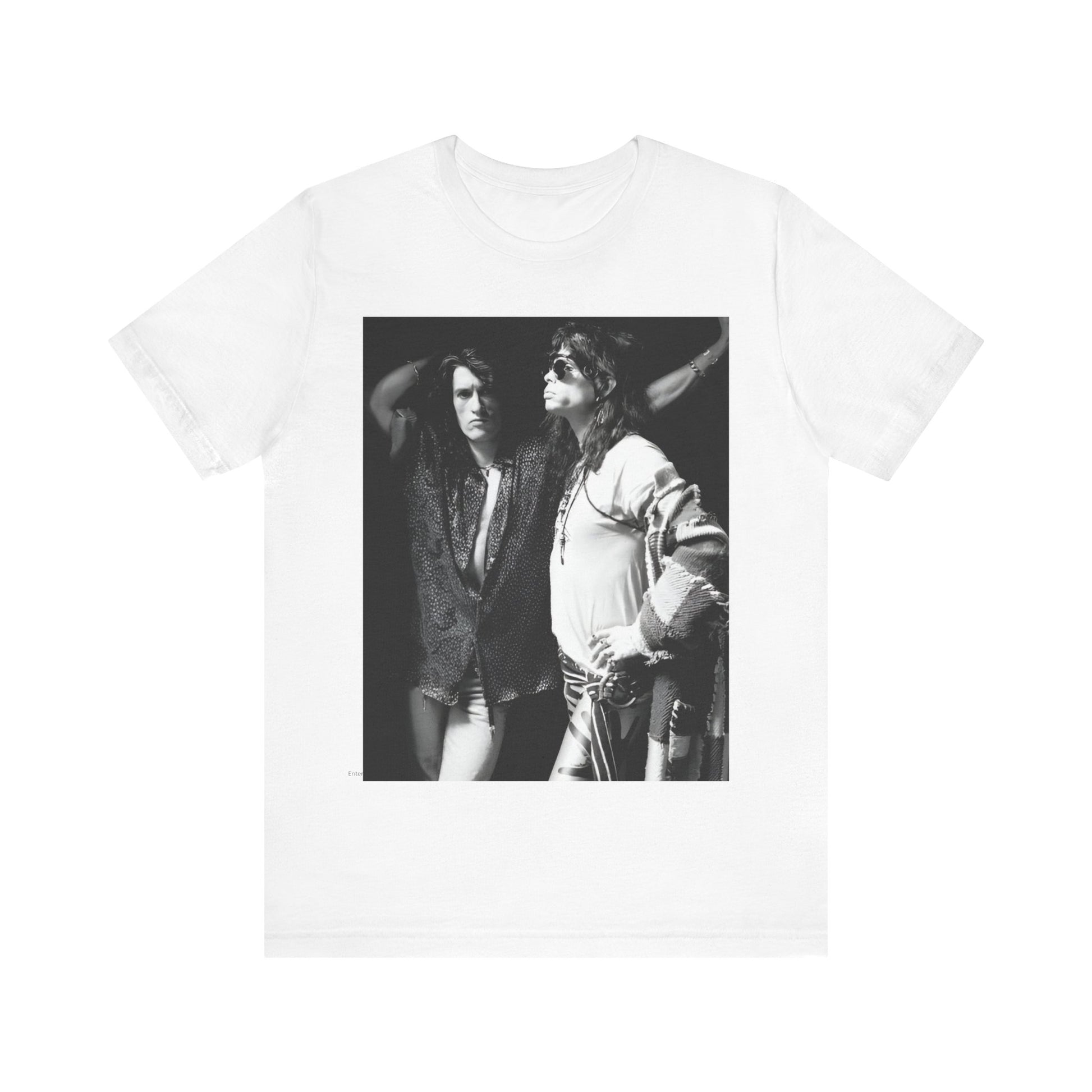 A black graphic t-shirt featuring a dynamic photo or illustration of Aerosmith's Steven Tyler and Joe Perry performing together on stage, highlighting their synergy.