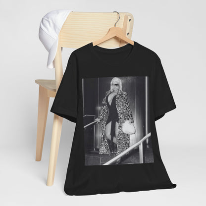 A black graphic t-shirt featuring a black and white glam aesthetic graphic of Nicki Minaj.