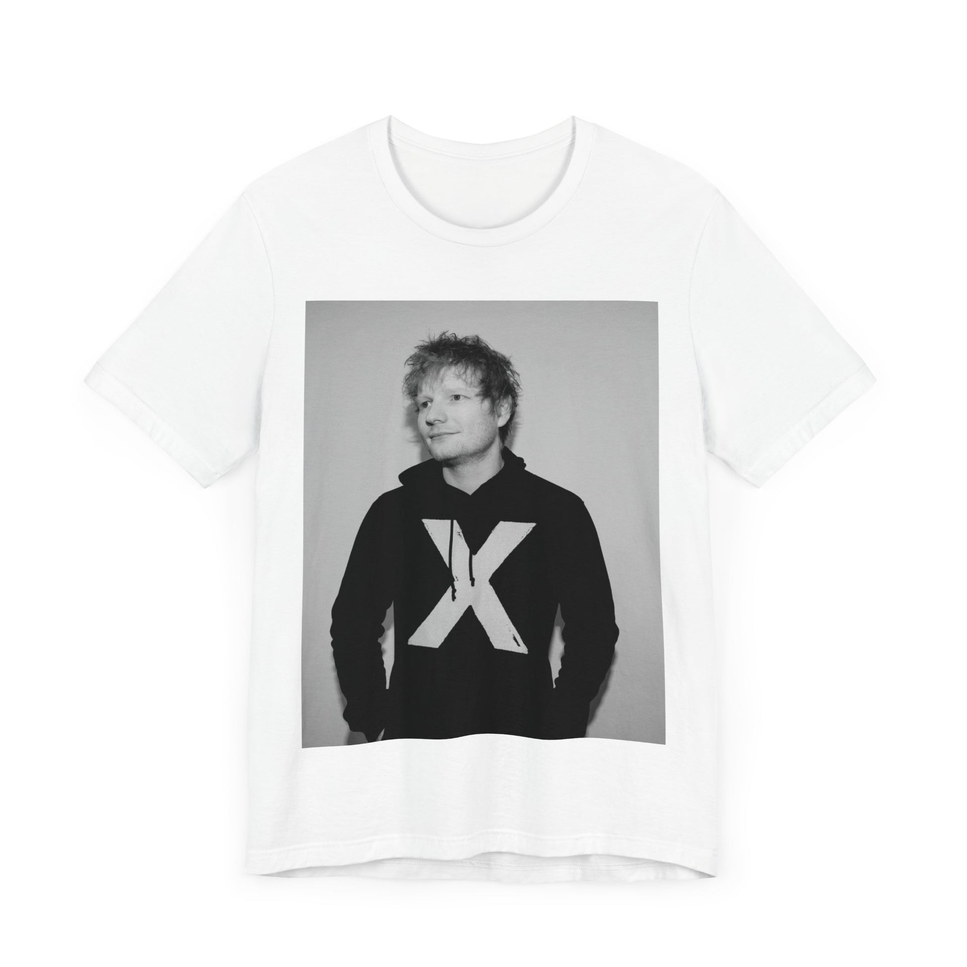 A black graphic t-shirt featuring a black and white graphic related to Ed Sheeran's album 'X'.