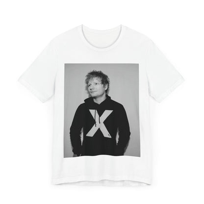 A black graphic t-shirt featuring a black and white graphic related to Ed Sheeran's album 'X'.
