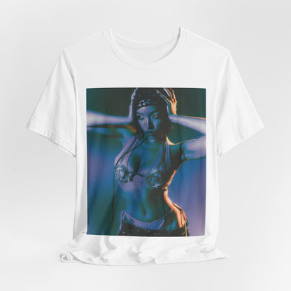 A black graphic t-shirt featuring a graphic of Tinashe as a choreography queen.
