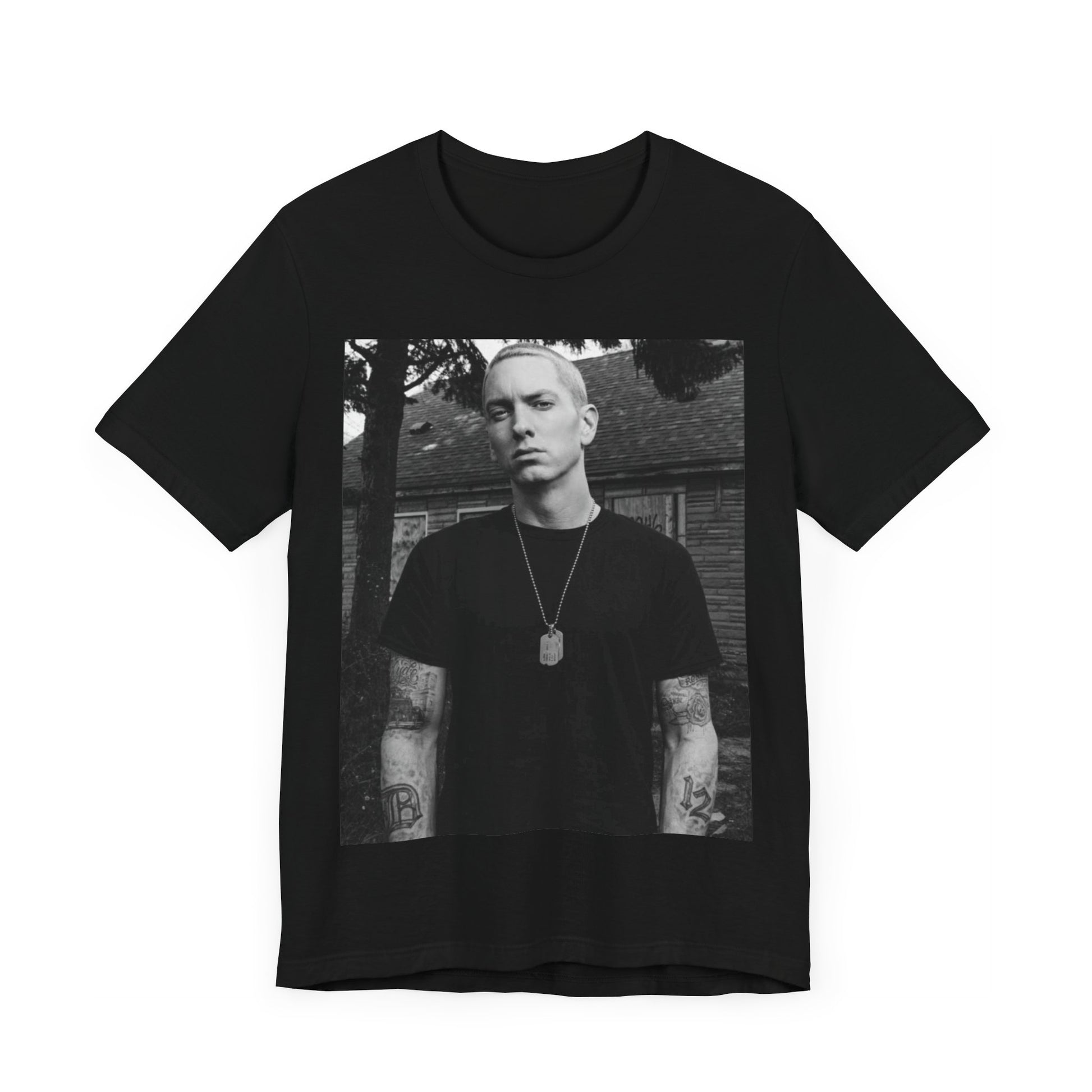 A black graphic t-shirt featuring a black and white graphic of Eminem as Slim Shady.