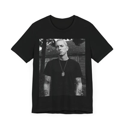 A black graphic t-shirt featuring a black and white graphic of Eminem as Slim Shady.